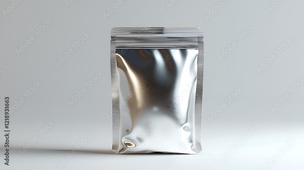 Fototapeta premium Silver foil pouch, stand-up, resealable, empty, product packaging mockup. Ideal for branding and design.