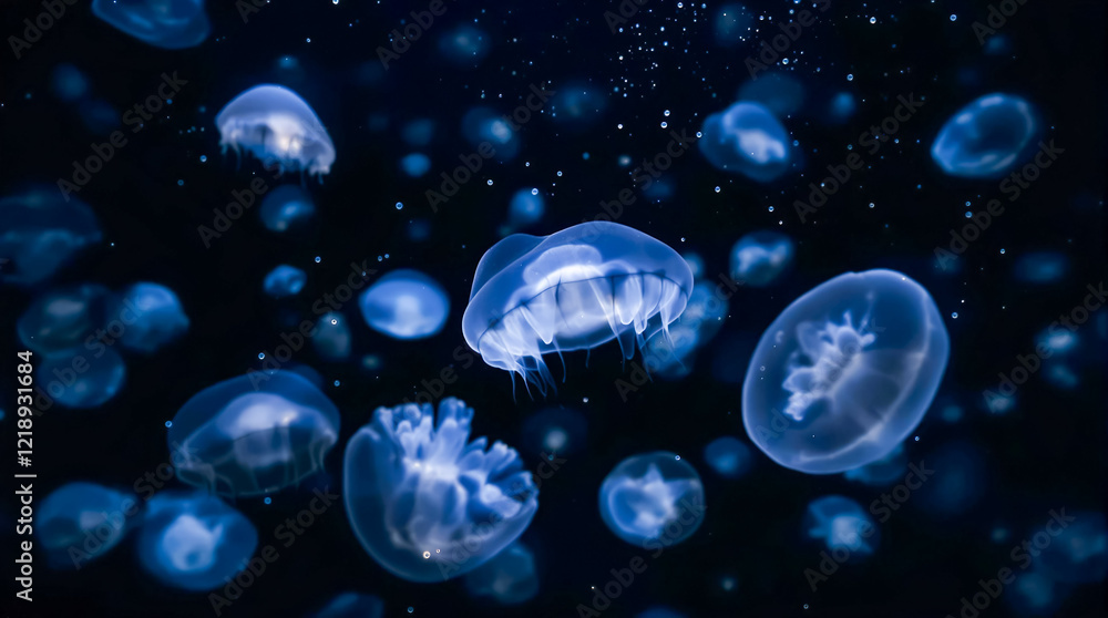 Glowing Jellyfish in Dark Ocean Water Glowing Jellyfish in Dark Ocean Water