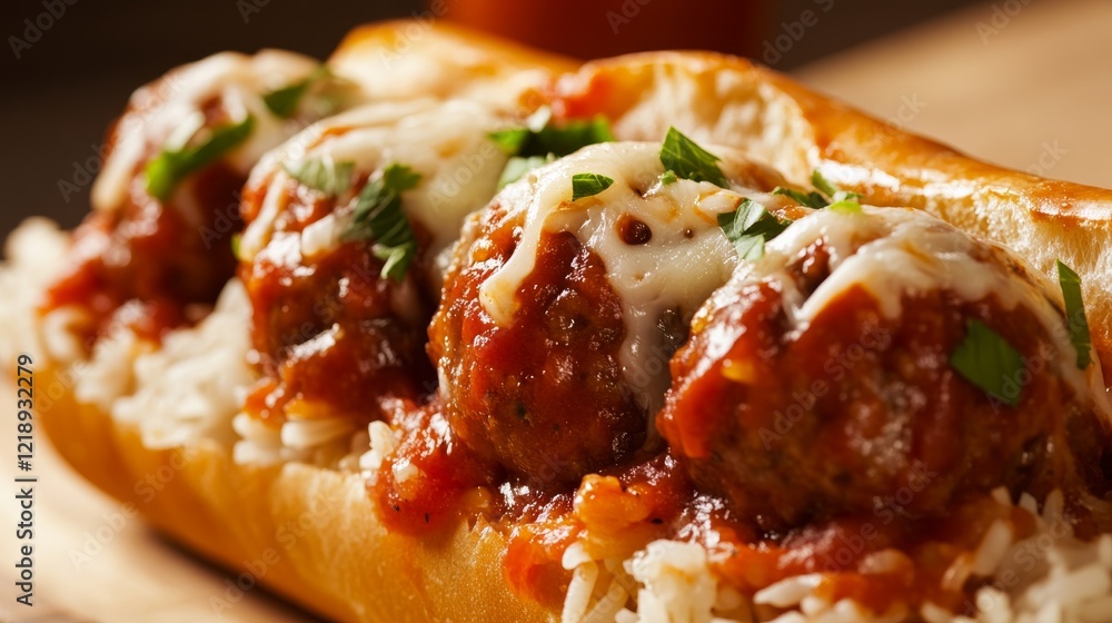 Close-up of rice with hearty Italian meatball sub. Featuring beef meatballs in marinara sauce with melted cheese, served over rice. Emphasizing a comforting, flavorful dish. Ideal for Italian recipes. Close-up of rice with hearty Italian meatball sub. Featuring beef meatballs in marinara sauce with melted cheese, served over rice. Emphasizing a comforting, flavorful dish. Ideal for Italian recipes.