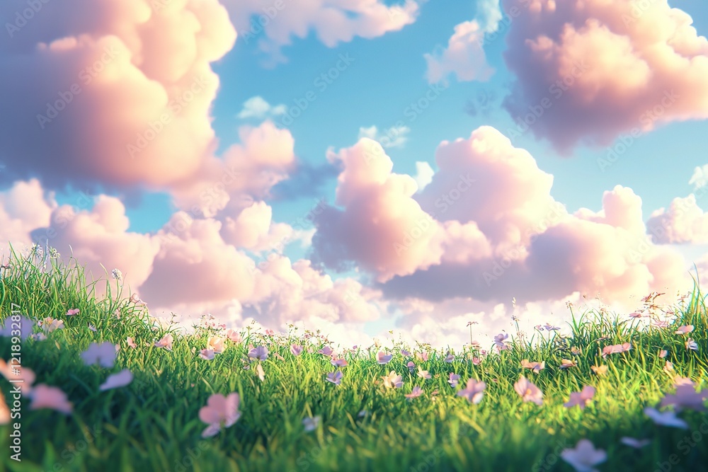 Pastel Meadow Under a Dreamy Sky with Fluffy Clouds Pastel Meadow Under a Dreamy Sky with Fluffy Clouds