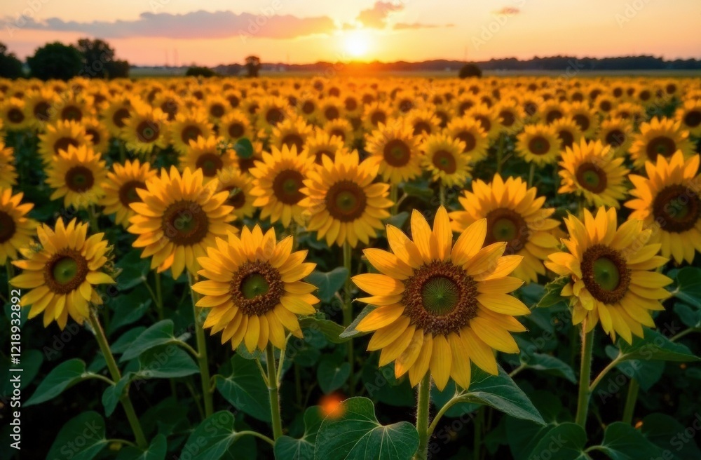 Fototapeta premium A breathtaking view of yellow sunflowers in the rays of sunlight. Ukraine agrarian region, Europe. Ecology concept. Industry of agronomy. Photo wallpaper. Image of cultivation land. Beauty of earth.