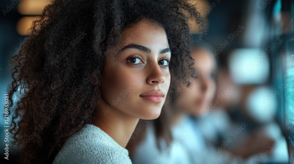 Fototapeta premium Young woman with curly hair focused on computer screen in a modern workspace during the daytime