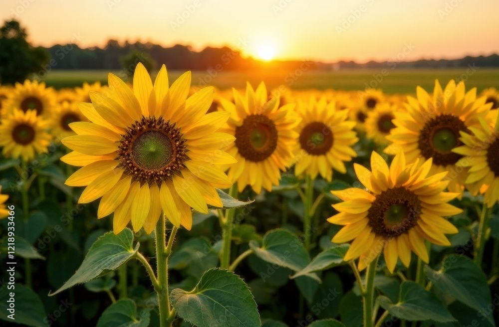 Fototapeta premium A breathtaking view of yellow sunflowers in the rays of sunlight. Ukraine agrarian region, Europe. Ecology concept. Industry of agronomy. Photo wallpaper. Image of cultivation land. Beauty of earth.