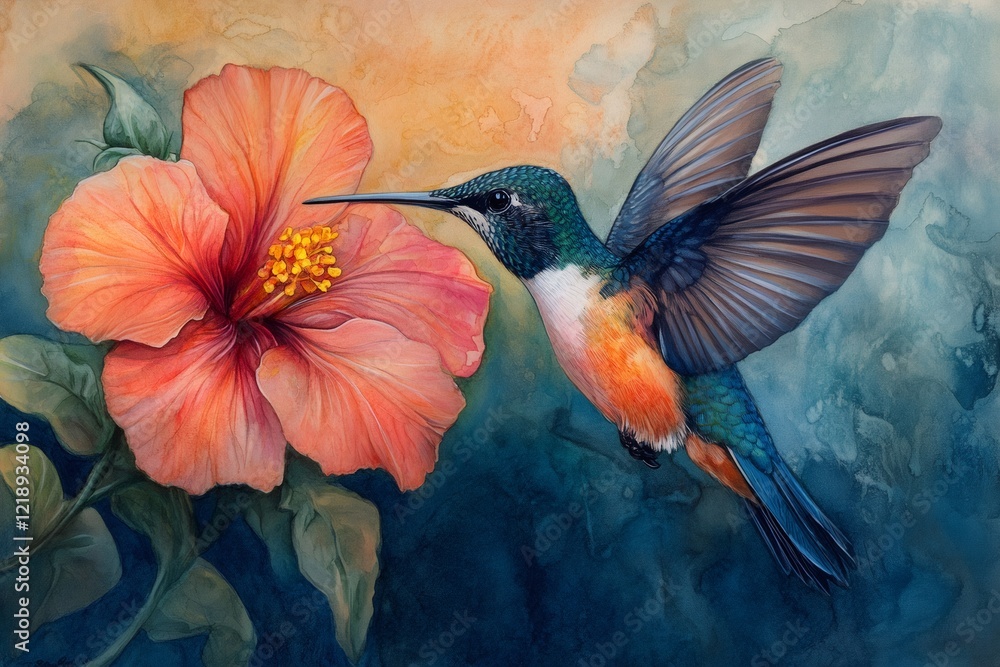 Obraz premium Colorful hummingbird flying near an hibiscus flower watercolor painting