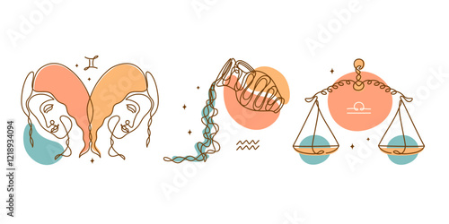 Gemini, aquarius, libra, air element zodiac signs. Horoscope mystical symbols. Line art.
