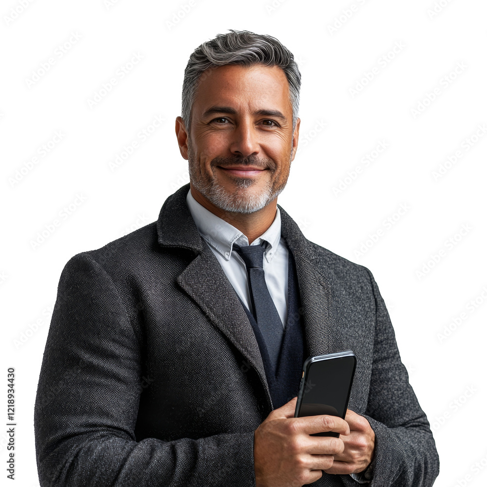 Portrait of smiling confident Caucasian business man with beard 30-40 years old in business suit holding phone in hands, isolate on white transparent background Portrait of smiling confident Caucasian business man with beard 30-40 years old in business suit holding phone in hands, isolate on white transparent background