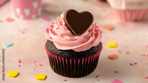 Cute cupcake decorated with a heart-shaped chocolate piece on top, surrounded by pink icing and colorful confetti.