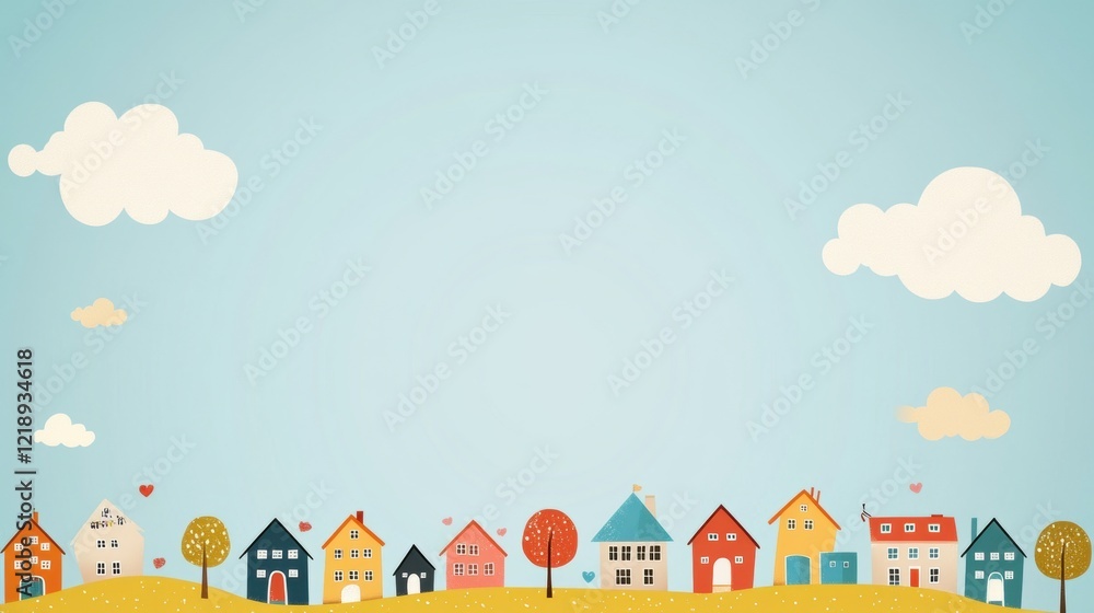 Colorful Houses in a Quaint Town, Peaceful Blue Sky Colorful Houses in a Quaint Town, Peaceful Blue Sky