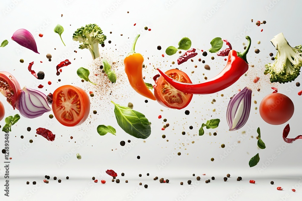 Vibrant Fresh Vegetables and Spices in Motion Vibrant Fresh Vegetables and Spices in Motion