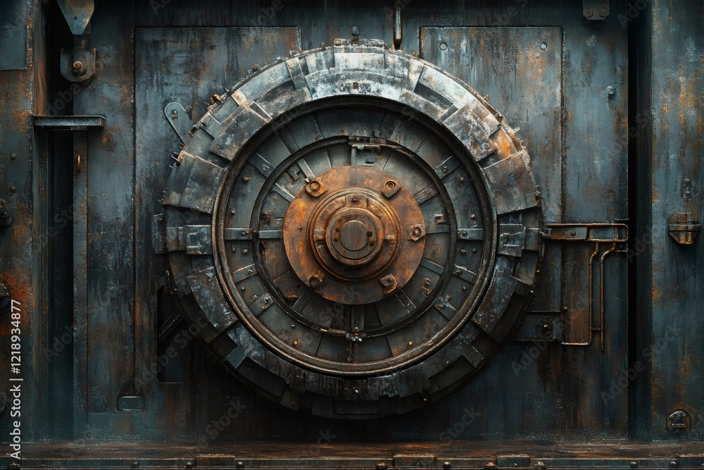 Fototapeta premium Large rusty circular industrial valve closing a metal wall