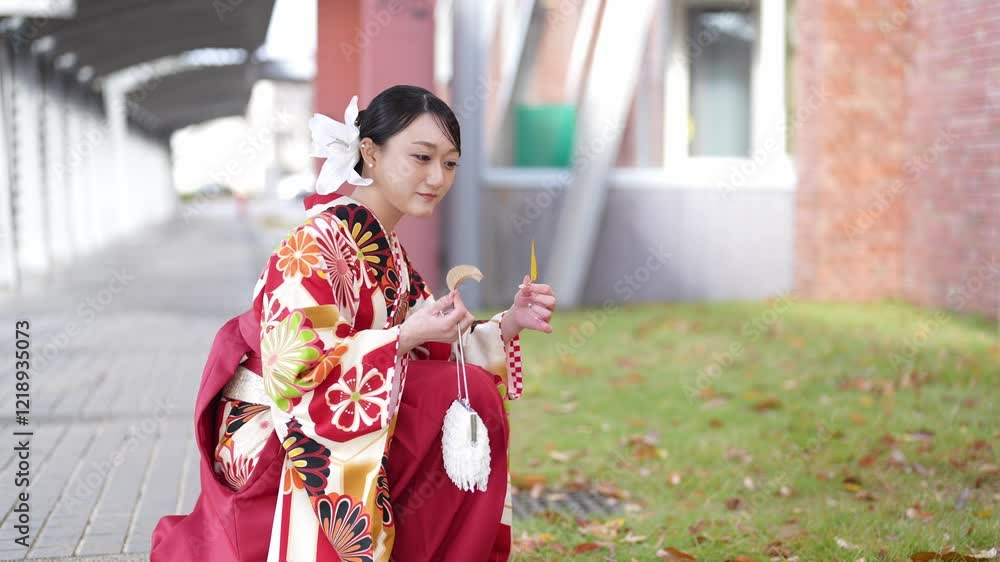 Young women in their 20s wear traditional hakama (kimono) in Japan, known for the graduation ceremony. She is looking for fallen leaves in front of a brick building. Young women in their 20s wear traditional hakama (kimono) in Japan, known for the graduation ceremony. She is looking for fallen leaves in front of a brick building.