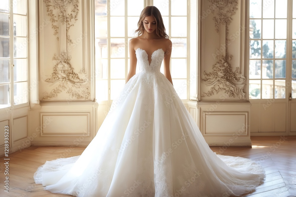 Beautiful bride wearing luxurious white wedding dress posing in vintage palace Beautiful bride wearing luxurious white wedding dress posing in vintage palace