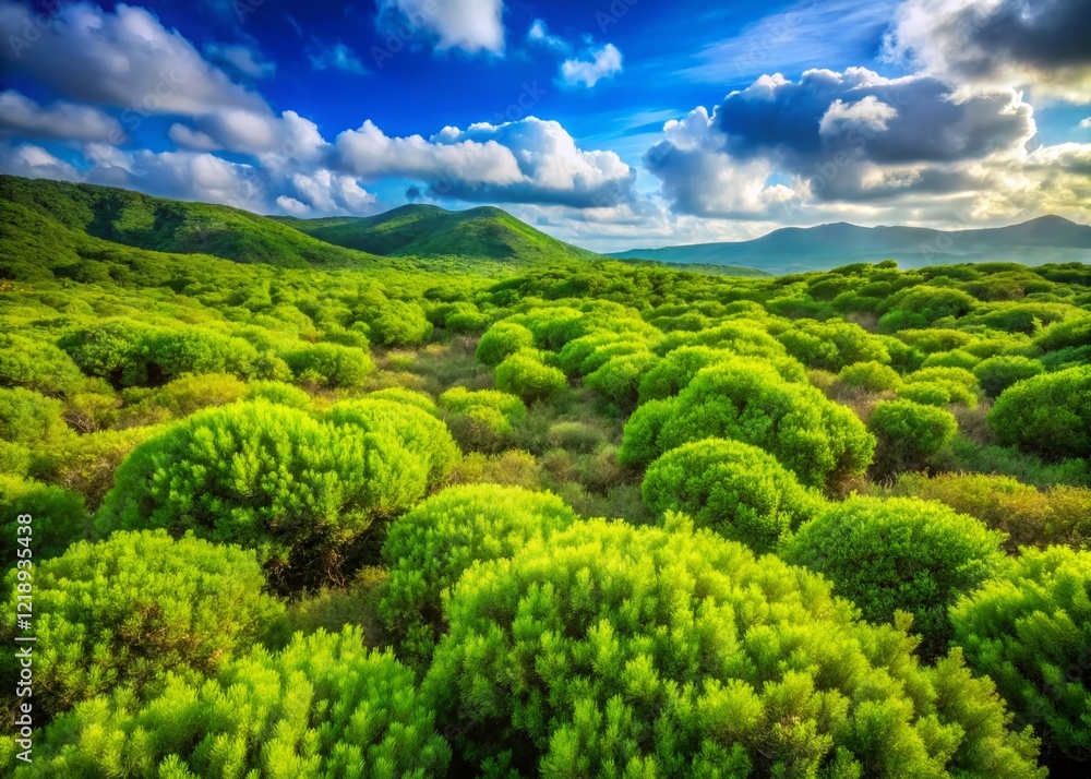 Obraz premium Lush Green Scrub Landscape, Rule of Thirds Composition, Vibrant Nature Photography