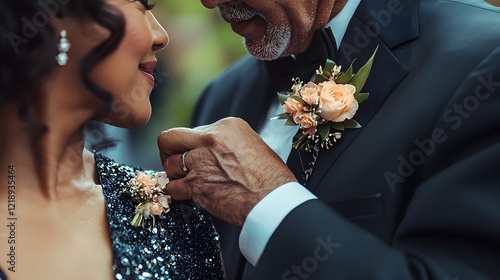 Close-up of a parent pinning a small boutonniere to their graduate s gown before the ceremony photo