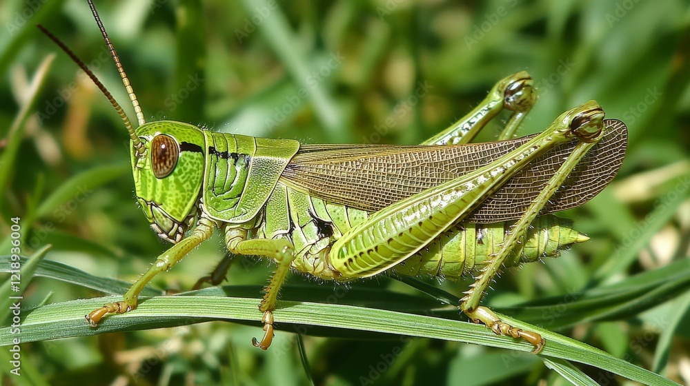 Detailed close up of a green grasshopper on a grass blade showcasing its unique features Detailed close up of a green grasshopper on a grass blade showcasing its unique features