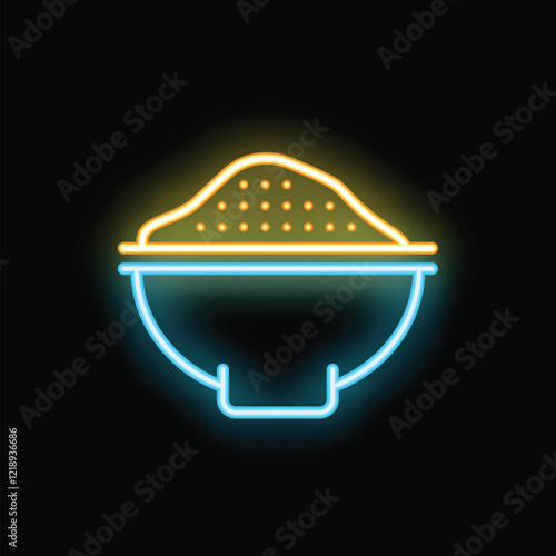 Neon sign of a bowl overflowing with colorful sprinkles on a black background