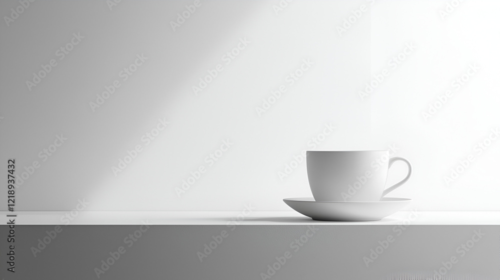 A single white coffee cup and saucer sit on a minimalist white shelf, bathed in soft light. A single white coffee cup and saucer sit on a minimalist white shelf, bathed in soft light.