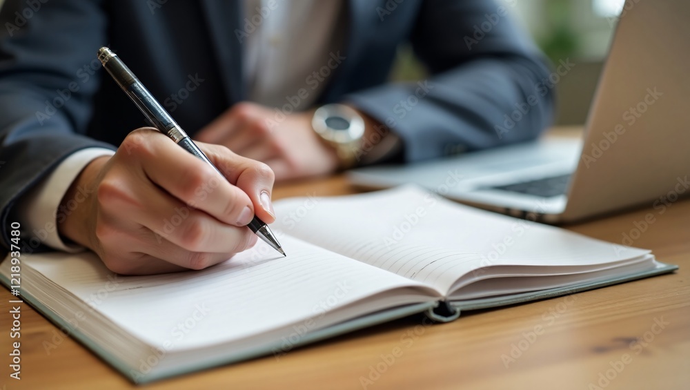 Close-up of a person's hands writing in a notebook with a pen, with a laptop open next to them, capturing the essence of focused work and productivity. Close-up of a person's hands writing in a notebook with a pen, with a laptop open next to them, capturing the essence of focused work and productivity.