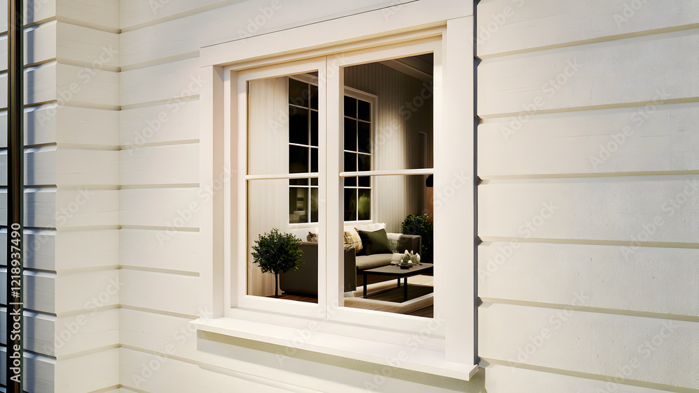 Fototapeta premium Glass window frame house interior on white wall