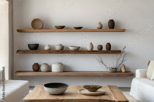 Decorative wooden shelves display artisan pottery and ceramics in a modern interior setting