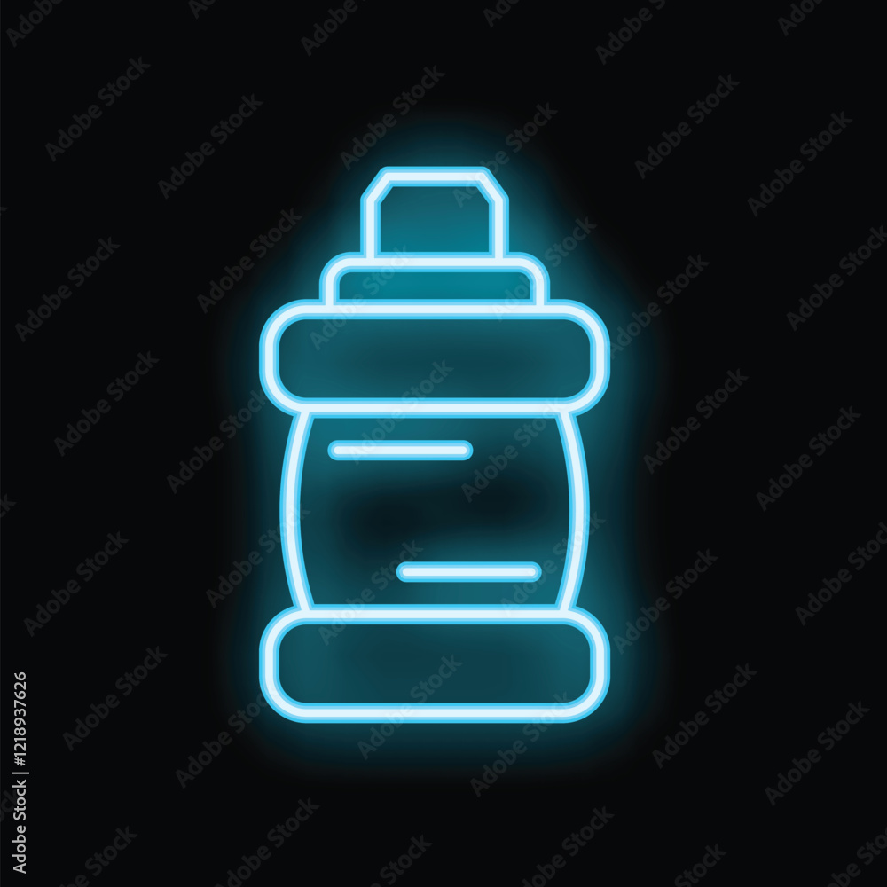 Neon icon of a modern sport water bottle glowing with blue light on a black background Neon icon of a modern sport water bottle glowing with blue light on a black background