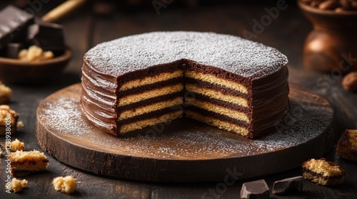 Chocolate layered cake, rustic wood, dessert, powdered sugar, ingredients photo