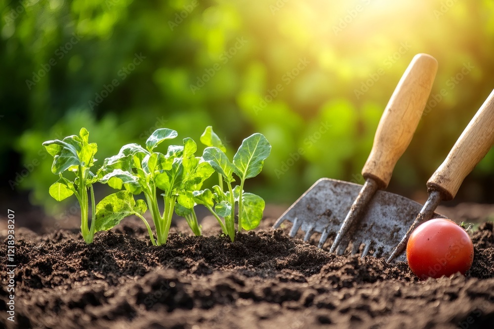 Young plants growing in fertile soil with gardening tools and ripe tomato at sunset Young plants growing in fertile soil with gardening tools and ripe tomato at sunset