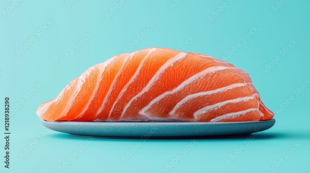 A vibrant piece of salmon sashimi displayed on a sleek plate, showcasing its rich color and fresh texture against a teal background. A vibrant piece of salmon sashimi displayed on a sleek plate, showcasing its rich color and fresh texture against a teal background.