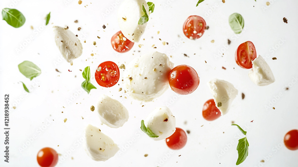 Ingredients fall gracefully creating a fresh salad composition in a vibrant display Ingredients fall gracefully creating a fresh salad composition in a vibrant display