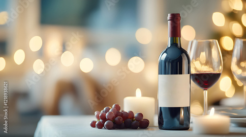 A cozy wine setup featuring a bottle of red wine, a glass, fresh grapes, and glowing candles, perfect for festive celebrations or wine promotions. Selective focus photo