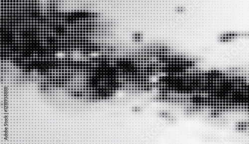 Dotted Veil, Abstract halftone pattern of cascading greyscale circles creating a mysterious, obscured image with subtle depth and shifting gradients,