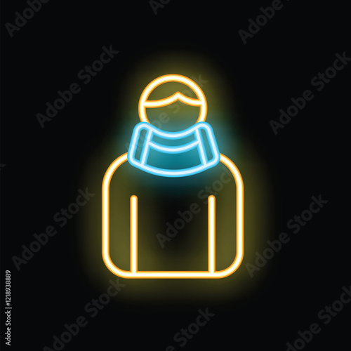 Neon sign of a person wearing a neck brace, shining on a black background
