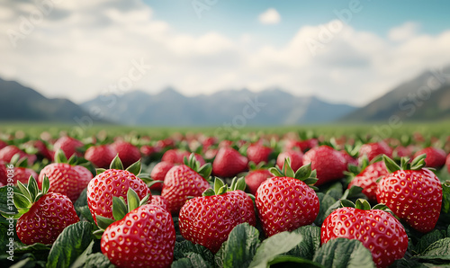 Harvesting fresh strawberries in lush fields scenic landscape vibrant nature photography wide-angle view