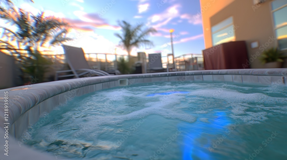 Fototapeta premium Relaxing Hot Tub Sunset Scene at Rooftop Spa