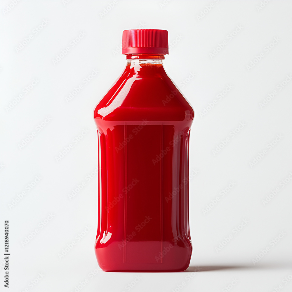 Red plastic bottle with a red cap, filled with a red liquid. Perfect for packaging designs. Red plastic bottle with a red cap, filled with a red liquid. Perfect for packaging designs.