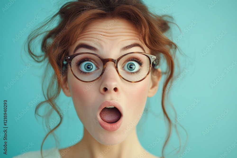 Shocked businesswoman wearing eyeglasses showing amazement and surprise expression Shocked businesswoman wearing eyeglasses showing amazement and surprise expression