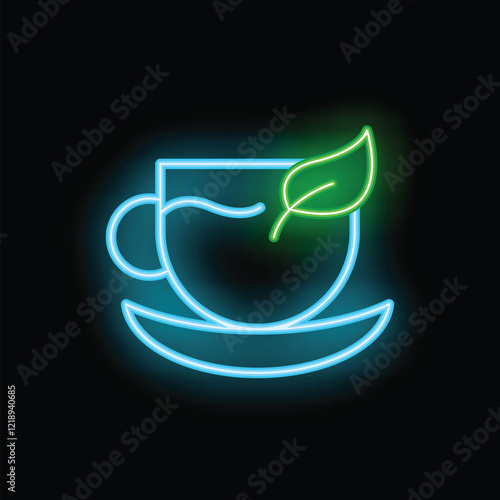 Neon sign of a steaming cup of herbal tea on a saucer with a leaf, perfect for businesses advertising their tea selection