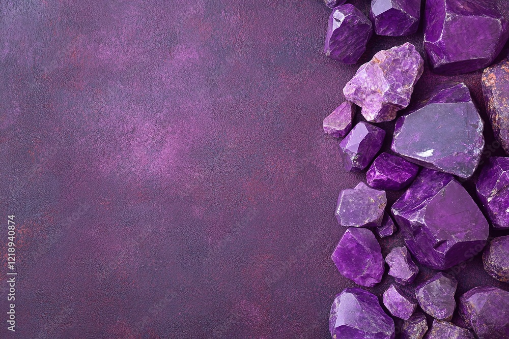 Fototapeta premium A pink background with a row of purple gems on it, with ample copy space for text.