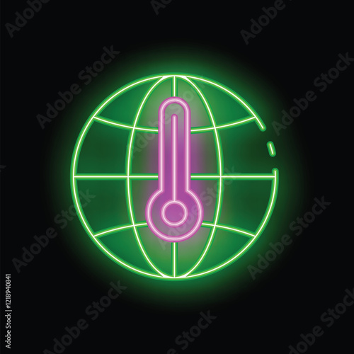 Neon sign of a thermometer measuring increasing global temperatures, calling attention to climate change