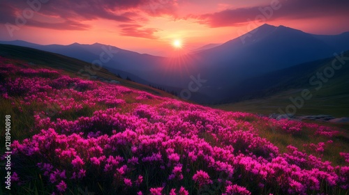 Majestic pink rhododendron flowers blooming on mountain slope at sunset photo