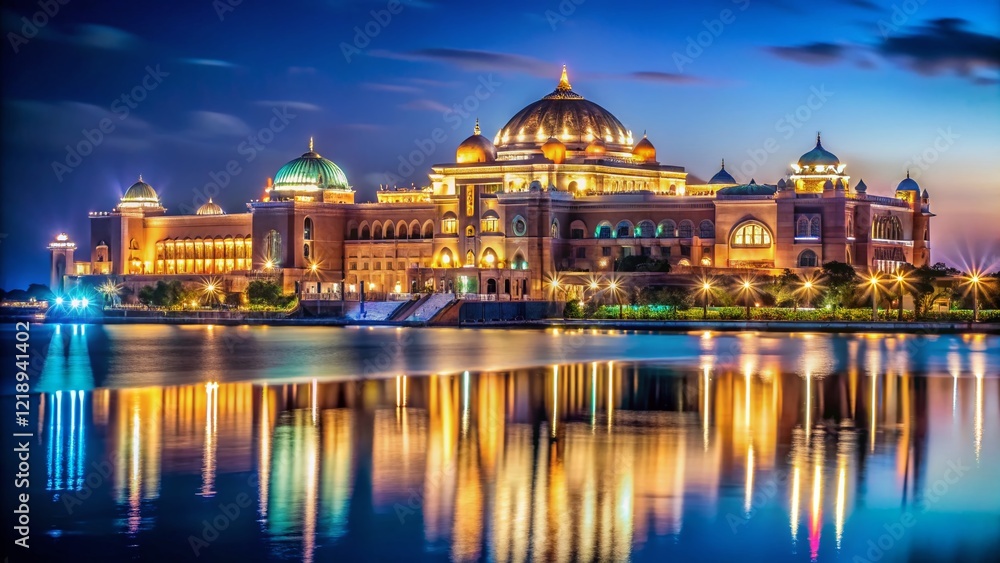 Fototapeta premium Luxurious Abu Dhabi Hotel Night Photography: Golden Domes & Sparkling Lights