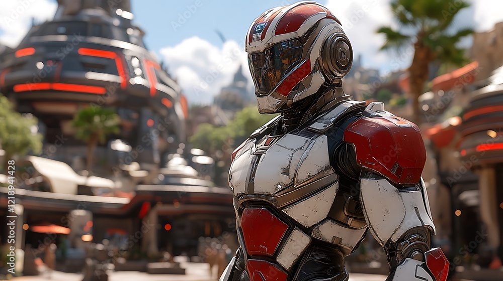 Futuristic Robot Stands in a Vibrant Cityscape Futuristic Robot Stands in a Vibrant Cityscape