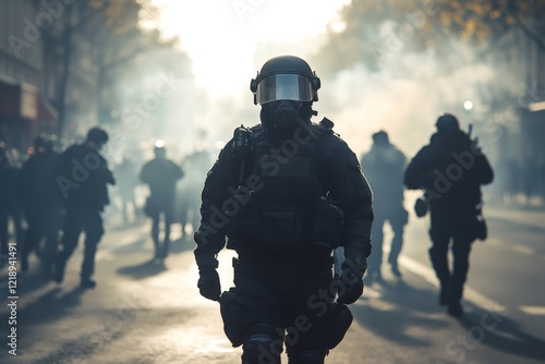 Police officer wearing gas mask patrolling during riot in city street