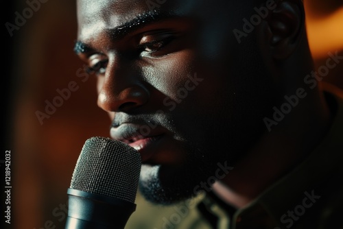 Close-up of a man passionately singing into a microphone during a performance in an intimate venue at night