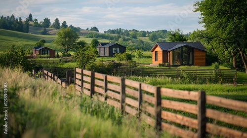 A charming countryside scene with vintage wooden fences and sleek, modern tiny homes in the distance photo