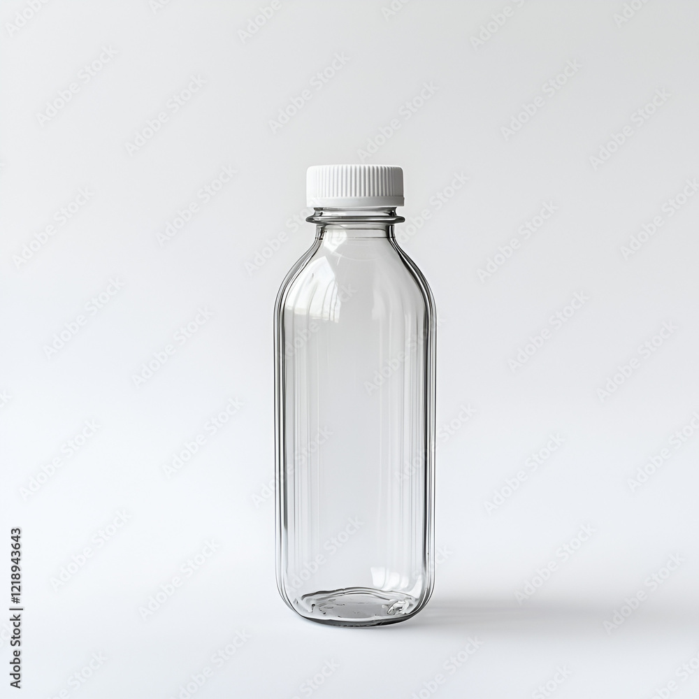 Empty transparent plastic bottle with a white cap, standing on a white background. Ideal for product packaging mockups. Empty transparent plastic bottle with a white cap, standing on a white background. Ideal for product packaging mockups.