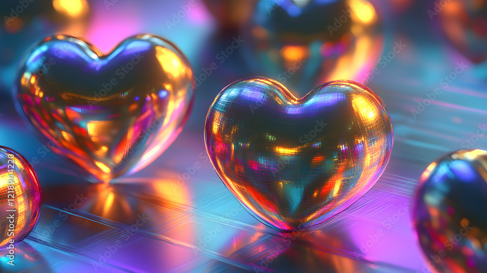 Hearts in a shiny metallic texture, reflecting the surroundings with a high-tech and futuristic appearance, surrounded by digital patterns. Hearts in a shiny metallic texture, reflecting the surroundings with a high-tech and futuristic appearance, surrounded by digital patterns.