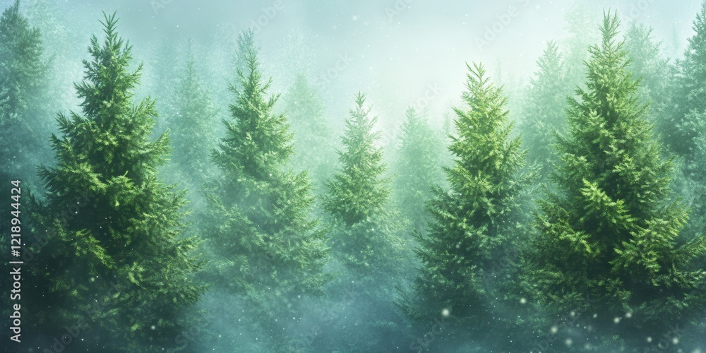 Fototapeta premium Foggy forest with mist, pine trees, snow-covered landscape, and distant mountains under a cloudy sky