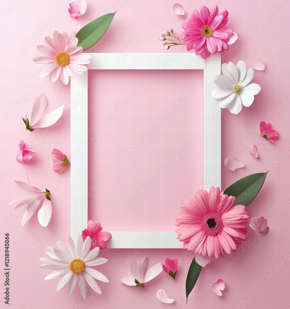Obraz premium International Women’s Day in white frame on pastel pink background. 8 march concept, women's day banner 