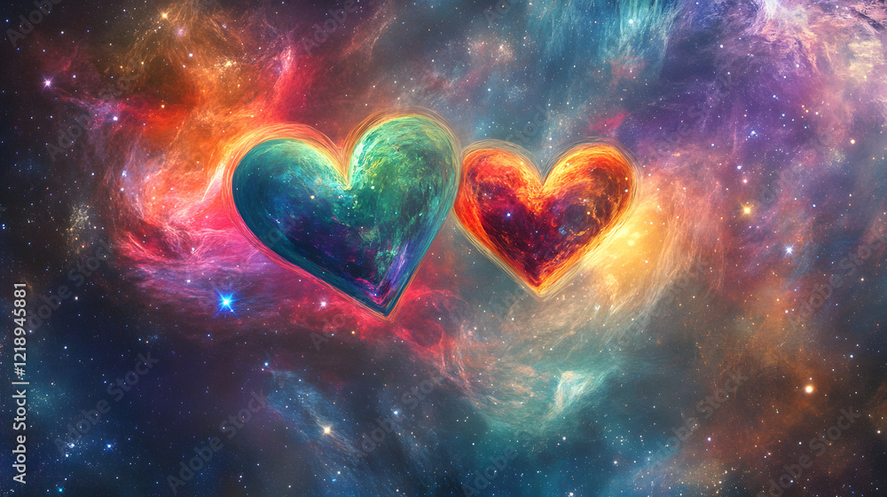 Hearts in vibrant colors with swirling patterns, floating in a cosmic space surrounded by stars and nebulae. Hearts in vibrant colors with swirling patterns, floating in a cosmic space surrounded by stars and nebulae.